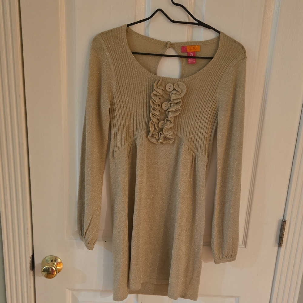 Long Sleeve Ruffle-Front Knit Dress in Beige